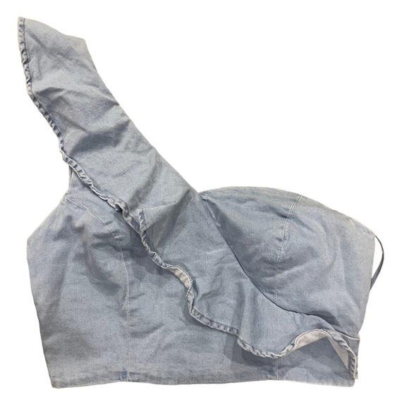 Denim One Shoulder Ruffle Bustier - Picture 1 of 6